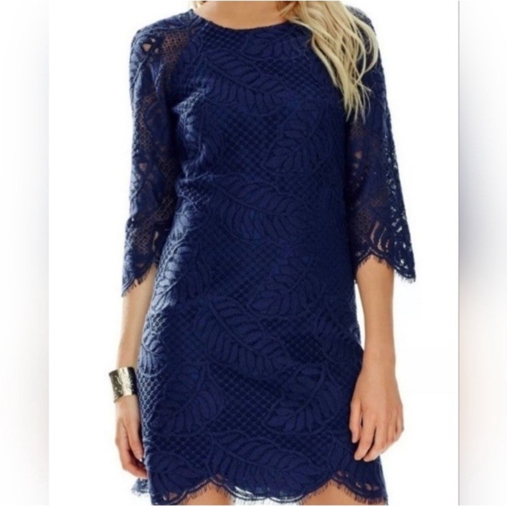 Lilly‎ Pulitzer Rylee True Navy Palm Leaf Lace Shift Dress Size 4 Coastal Beach